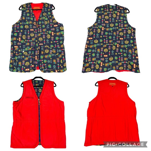 Vtg LizSport Medal Print/Red Reversible Preppy Vintage Military Zip Vest - Sz L - Picture 1 of 16